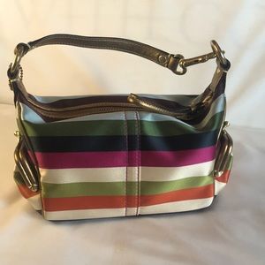 ❤️COACH stripe Legacy Double Header Kiss Lock Metallic Bronze Leather Bag ❤️